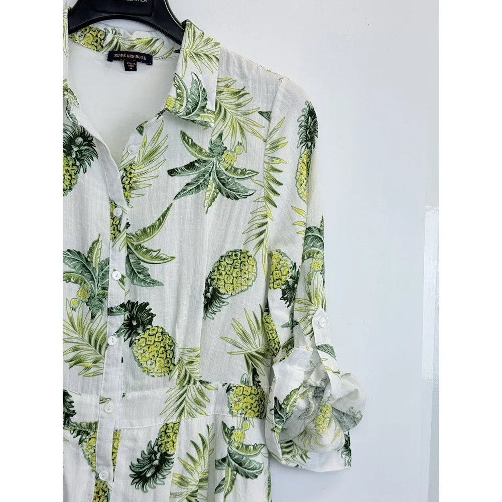 Skies Are Blue Women's Size M Pineapple‎ Leaves Print Dress Roll-up Sleeve Lined - Picture 3 of 9